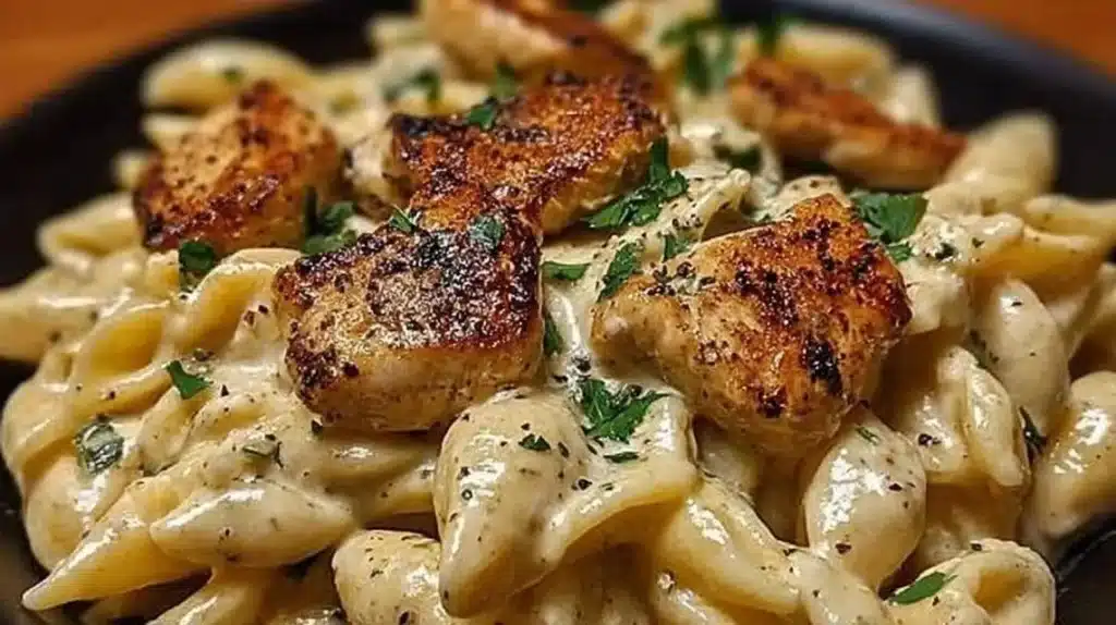 Creamy Cajun Chicken Pasta served in a bowl, garnished with herbs.