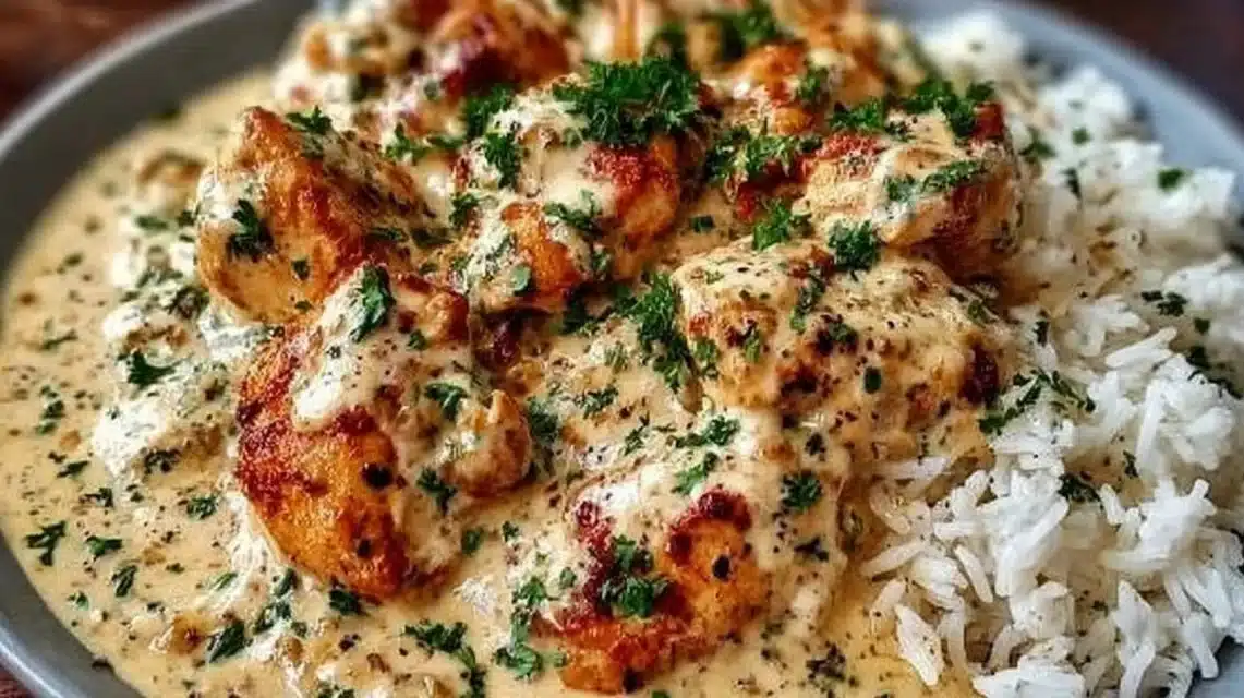 Easy Creamy Chicken and Rice Recipe (Ready in 30 Minutes) 1 Creamy Chicken and Rice dish with herbs and vegetables