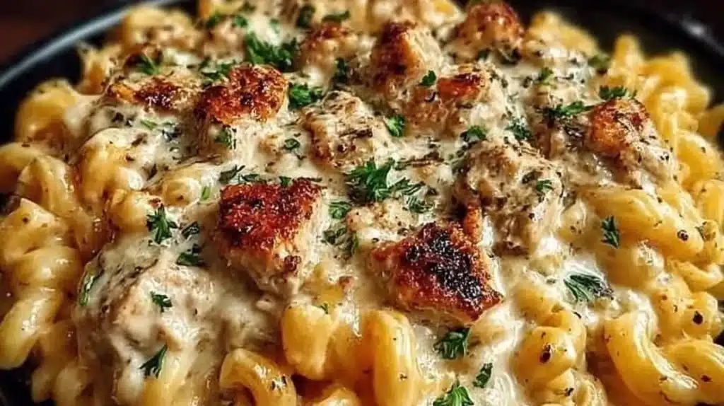 Creamy chicken pasta in a crockpot, ready to serve for dinner