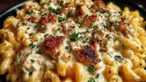 Creamy chicken pasta in a crockpot, ready to serve for dinner