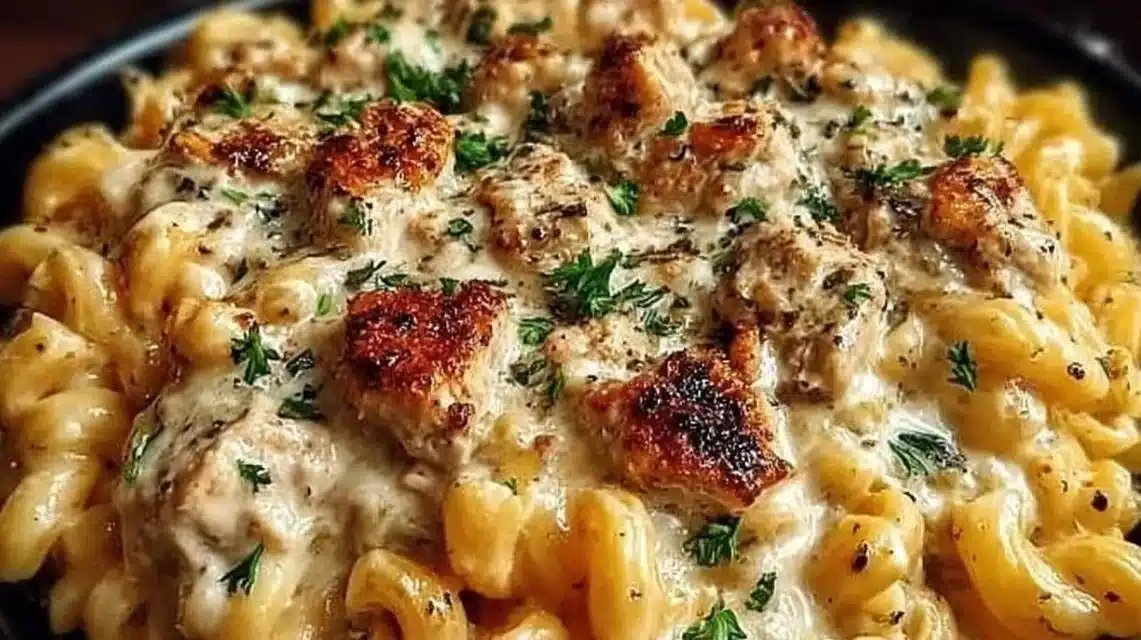 Creamy Chicken Pasta Crockpot (Easy Dump-and-Go) 1 Creamy chicken pasta in a crockpot, ready to serve for dinner