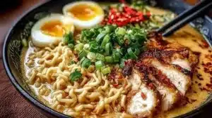 Creamy garlic chicken ramen bowl topped with green onions and sesame seeds.