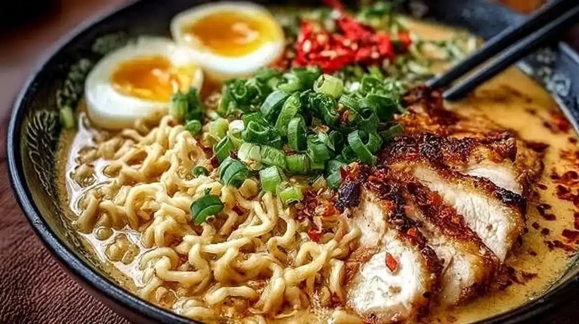 Creamy garlic chicken ramen bowl topped with green onions and sesame seeds.