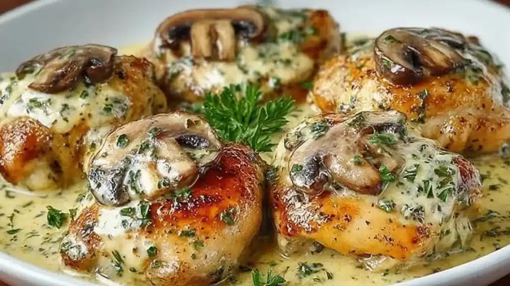 Creamy garlic mushroom chicken thighs served on a plate with fresh herbs.