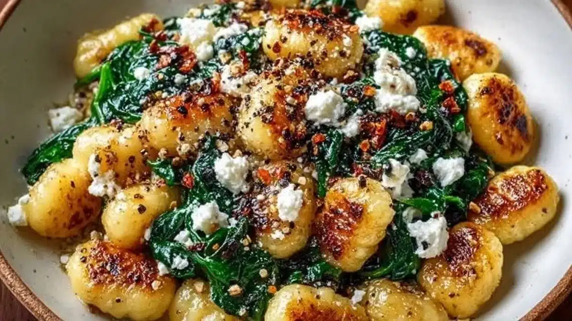 One Pan Creamy Gnocchi with Spinach and Feta Easy Dinner 1 Creamy gnocchi with spinach and feta served in a bowl