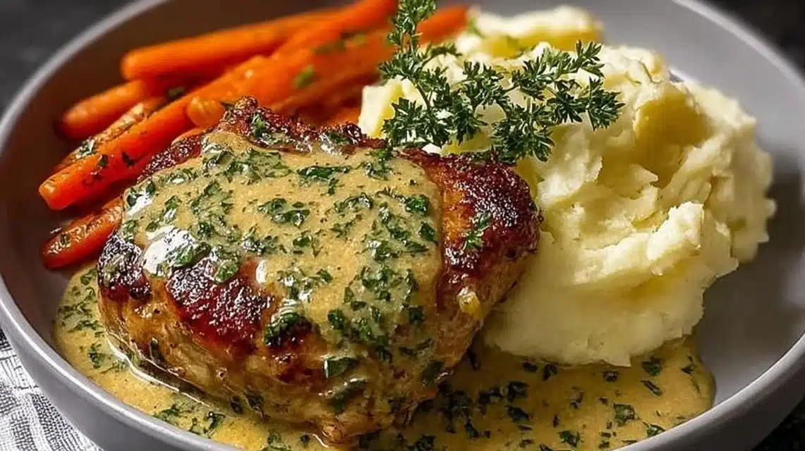 Creamy herb chicken dish with mashed potatoes and glazed carrots