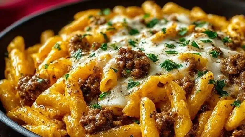 Creamy high protein beef pasta dish served in a bowl
