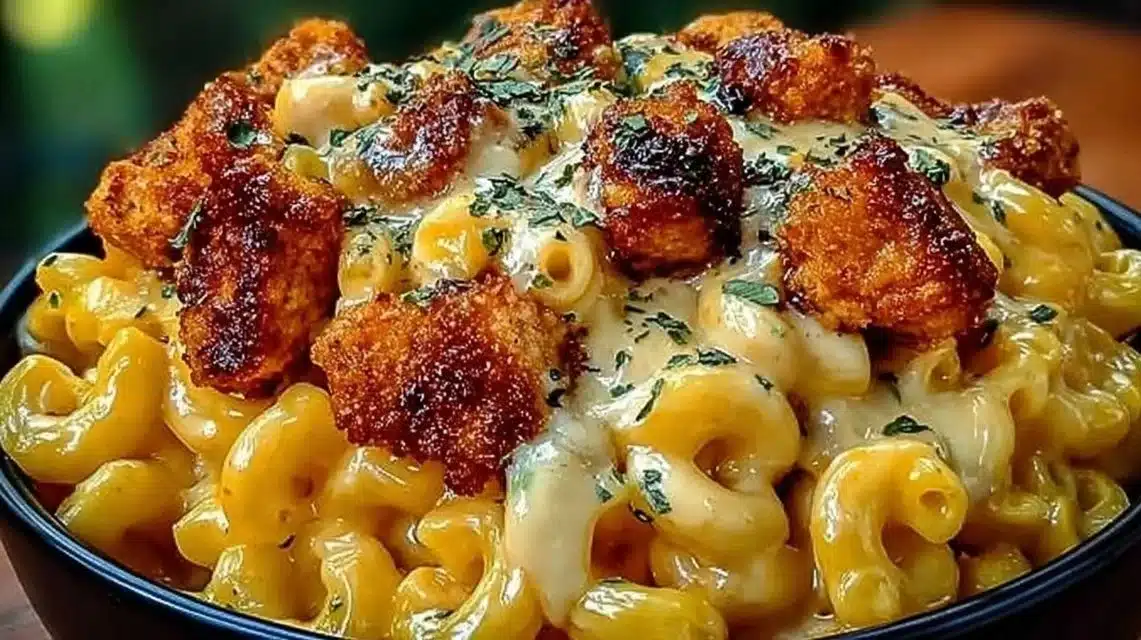 Easy Creamy Honey Pepper Chicken Mac and Cheese Recipe 1 Creamy Honey Pepper Chicken Mac and Cheese dish served in a bowl