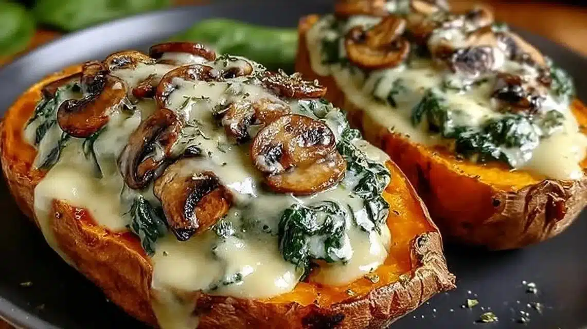 Creamy mushroom and spinach stuffed sweet potatoes on a plate