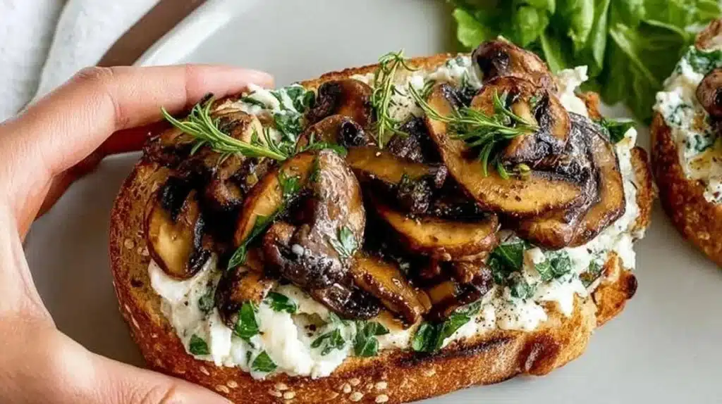 Creamy mushroom toast with herbs on a rustic plate