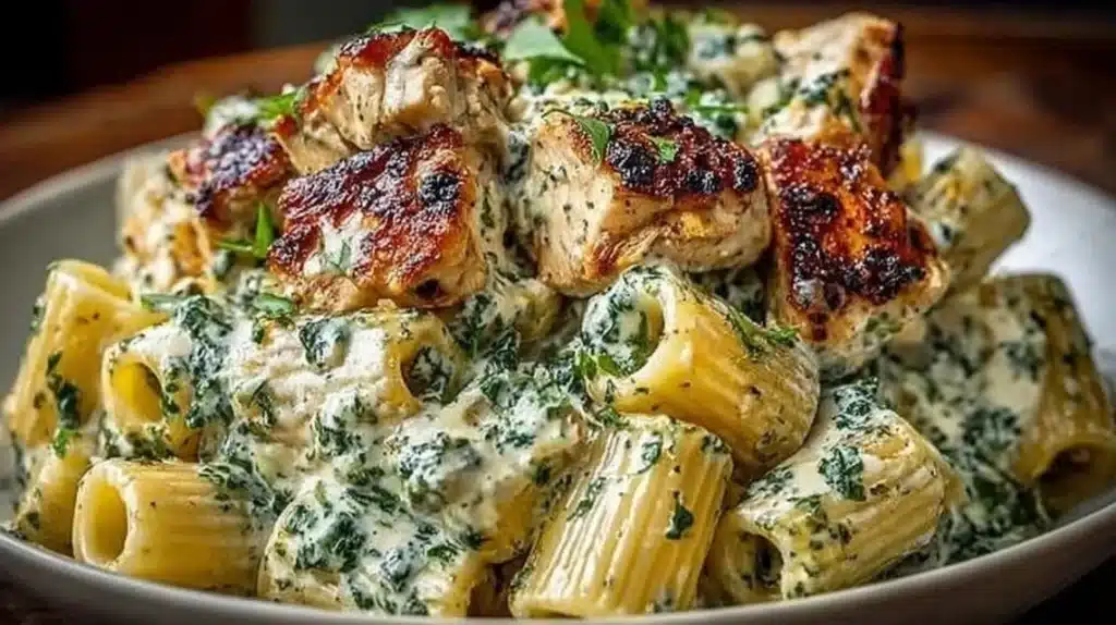 Bowl of creamy pesto chicken pasta with basil and grated cheese.