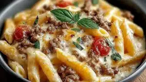 Delicious creamy Rotel pasta with ground beef for a cozy dinner