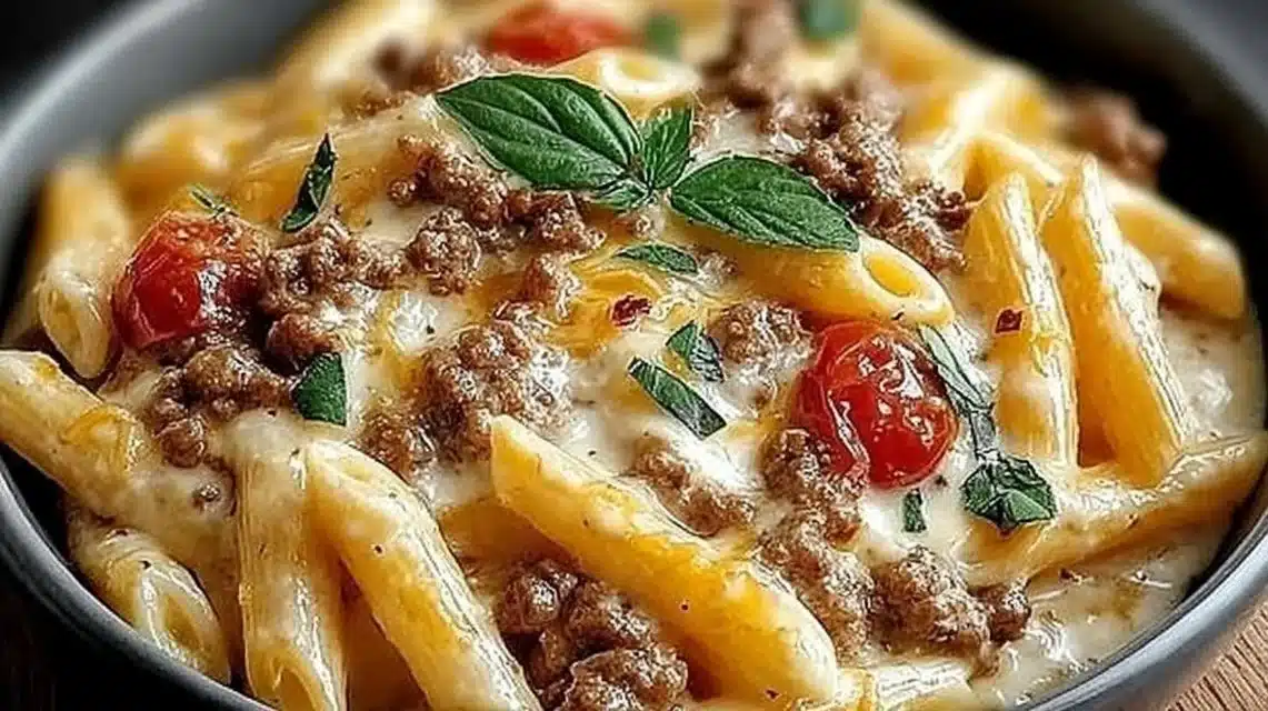 Delicious creamy Rotel pasta with ground beef for a cozy dinner