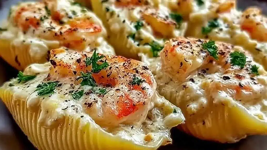 Delicious creamy seafood stuffed shells garnished with herbs and a side salad.