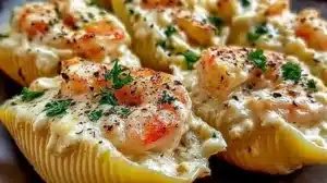 Delicious creamy seafood stuffed shells garnished with herbs and a side salad.