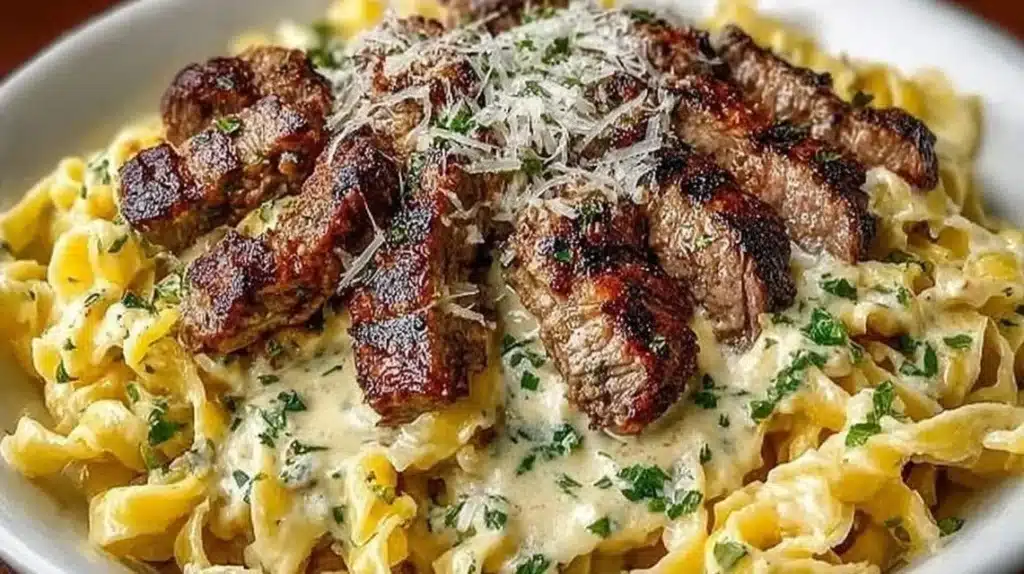 Creamy garlic steak pasta dish garnished with parsley