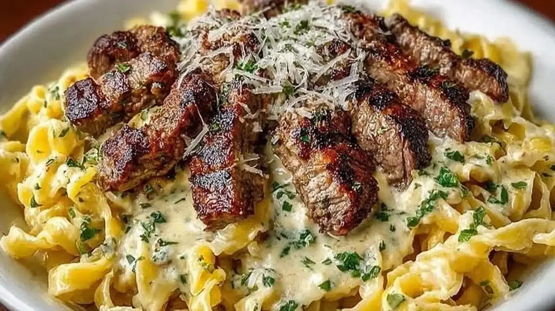 Creamy Garlic Steak Pasta (Rich, Cozy, and Easy!) 1 Creamy garlic steak pasta dish garnished with parsley