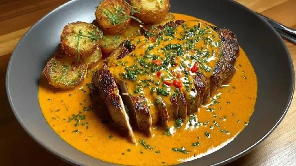 Creamy tomato chicken breast cooked in a rich sauce served on a plate.