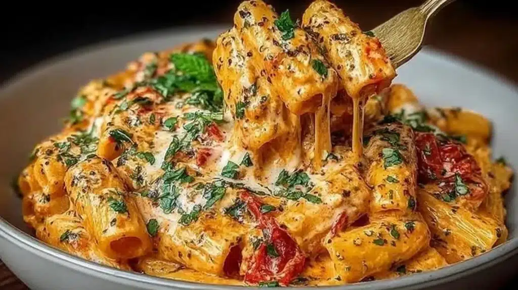 Delicious creamy tomato garlic pasta in a bowl, garnished with fresh herbs.
