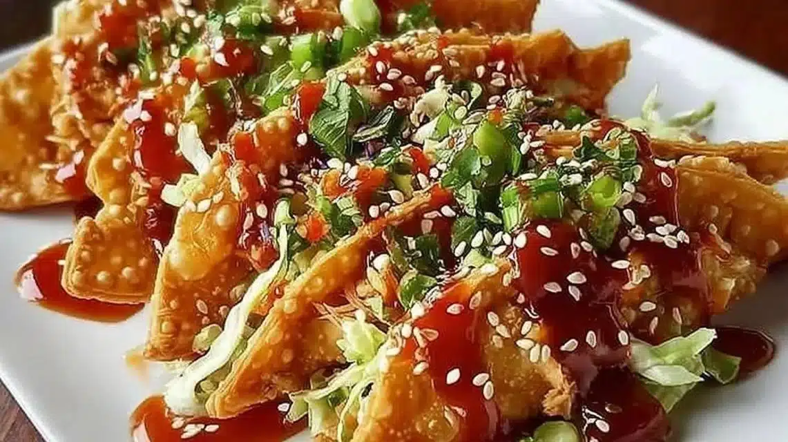 Easy Crispy Chicken Wonton Tacos (30-Minute Dinner) 1 Crispy chicken wonton tacos topped with fresh vegetables and sauces