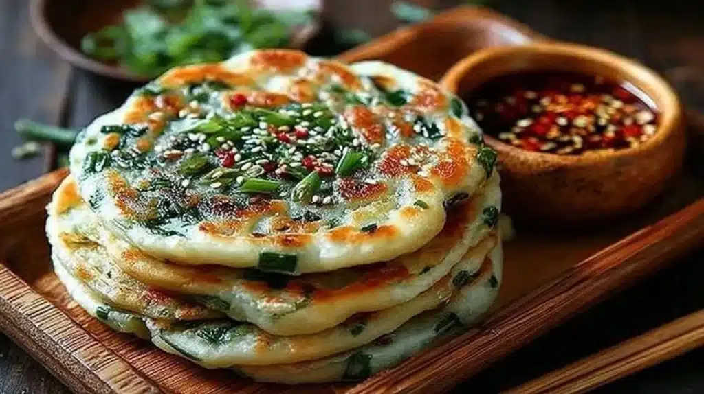 Crispy Chinese scallion pancakes served on a plate with dipping sauce.