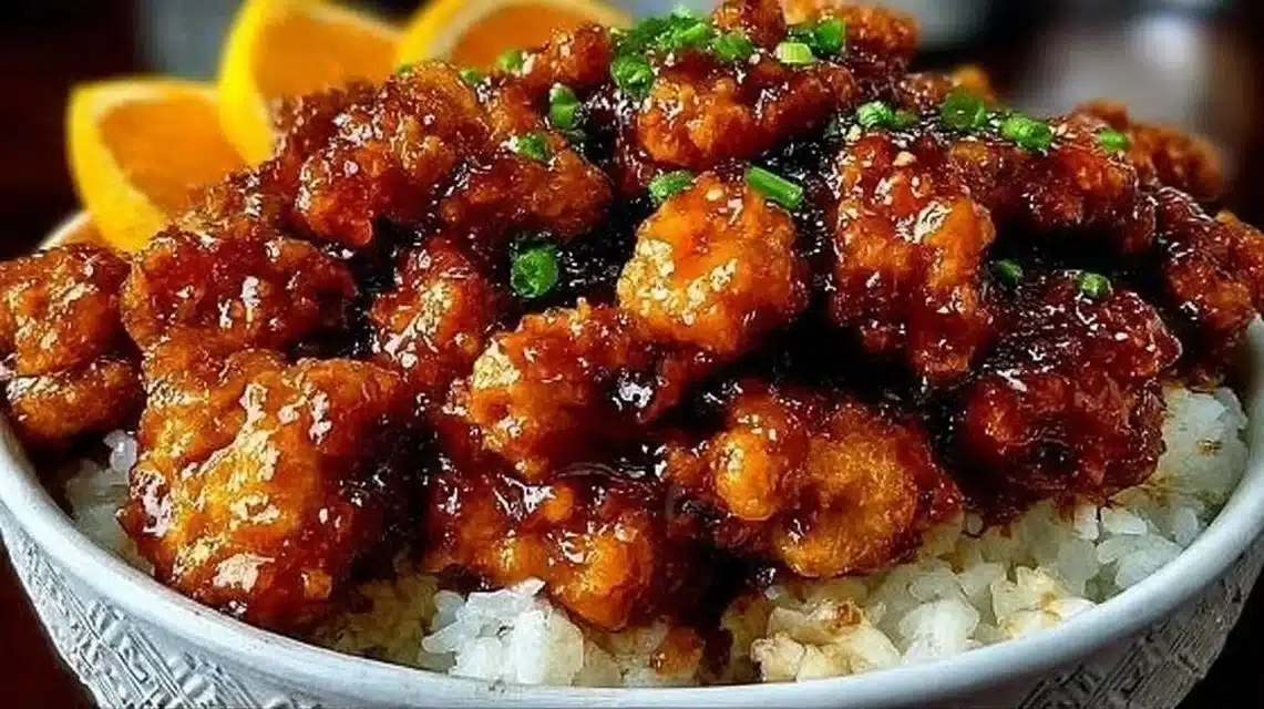 Crispy Orange Chicken (Better Than Takeout!) 1 Crispy orange chicken served with a side of rice and vegetables.