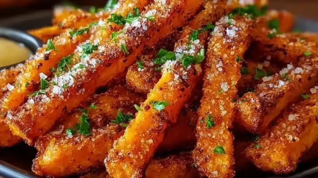 Crispy oven baked sweet potato fries served in a bowl with dipping sauce.