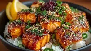 Crispy salmon served in a rice bowl with fresh vegetables