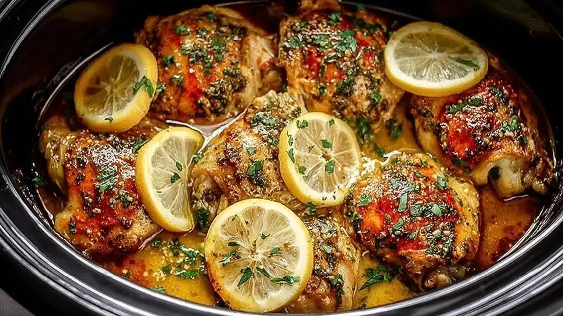 Crock Pot Chicken Thighs with Lemon Garlic Butter (Easy) 1 Crock Pot chicken thighs with lemon garlic butter, served on a plate