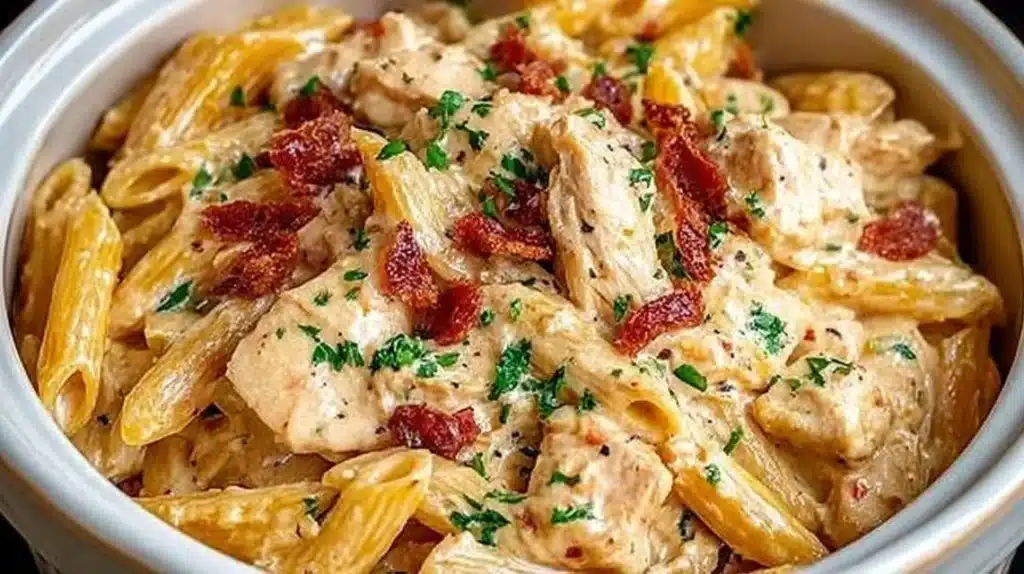 Crock Pot Creamy Cajun Chicken Pasta served in a bowl with fresh herbs