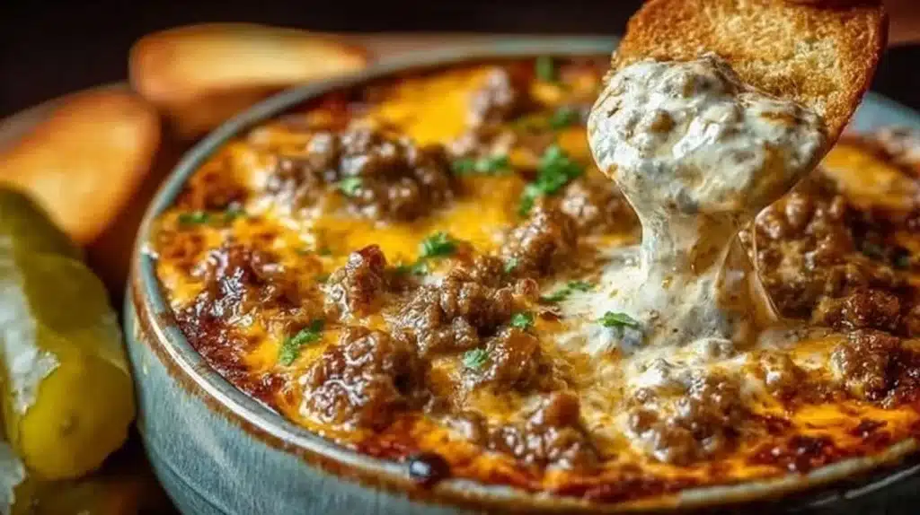 Crockpot Big Mac Dip served with tortilla chips