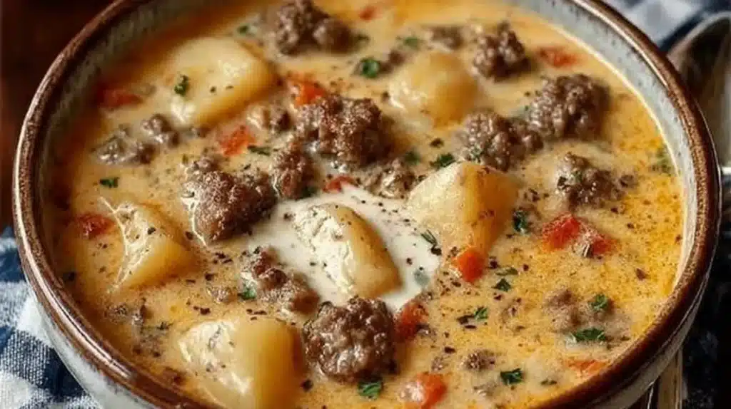 Crockpot Creamy Potato and Hamburger Soup in a bowl, garnished with herbs