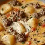 Crockpot Creamy Potato and Hamburger Soup in a bowl, garnished with herbs