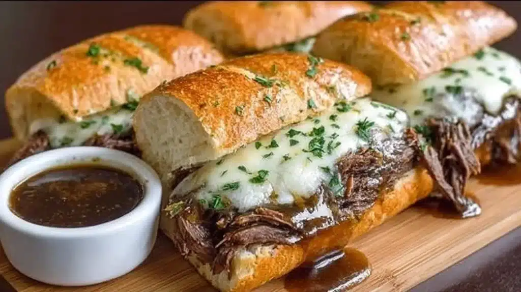 Delicious Crockpot French Dip Sandwiches served with dipping sauce