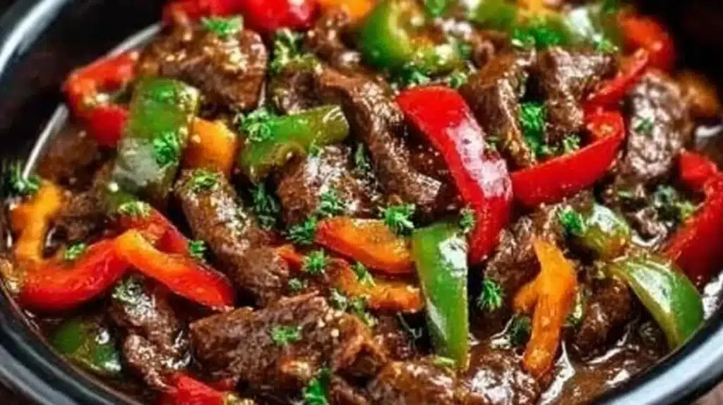 Crockpot Pepper Steak served with rice and vegetables in a bowl