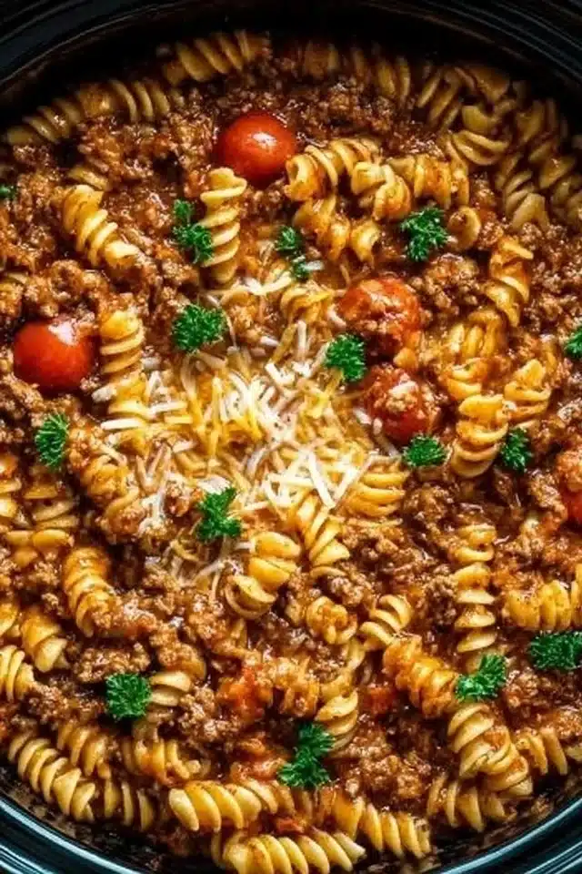 Slow Cooker Taco Pasta (Creamy, Beefy, and So Simple) 2 Crockpot Taco Pasta