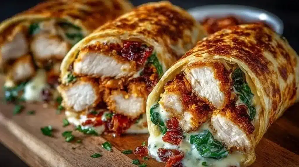 Crunchy crispy air fryer chicken and mozzarella wraps served on a plate