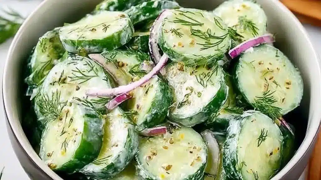 Fresh cucumber dill salad in a bowl garnished with herbs