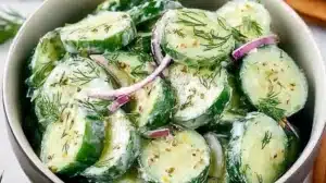 Fresh cucumber dill salad in a bowl garnished with herbs