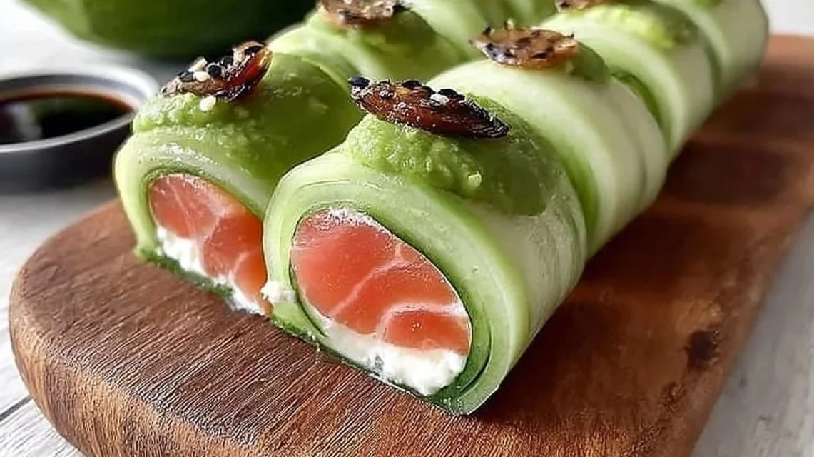 Cucumber sushi rolls with avocado and smoked salmon on a plate