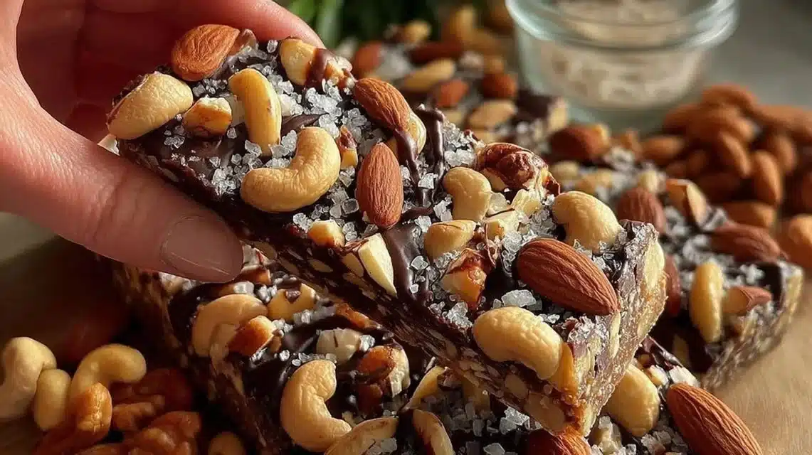 Dark chocolate and sea salt nut bars stacked on a wooden table