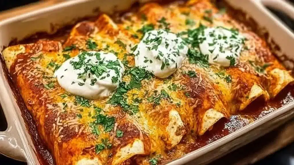 Delicious homemade chicken enchiladas topped with sauce and cheese