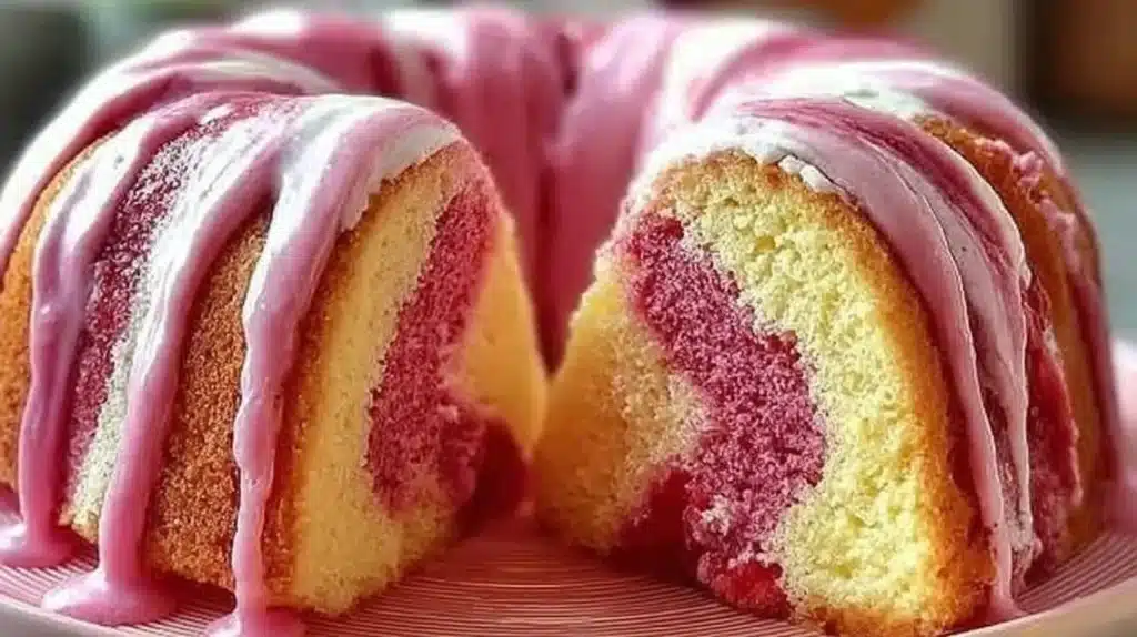 Slice of strawberry milkshake pound cake topped with fresh strawberries