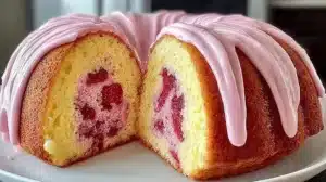 Delicious strawberry milkshake pound cake topped with fresh strawberries