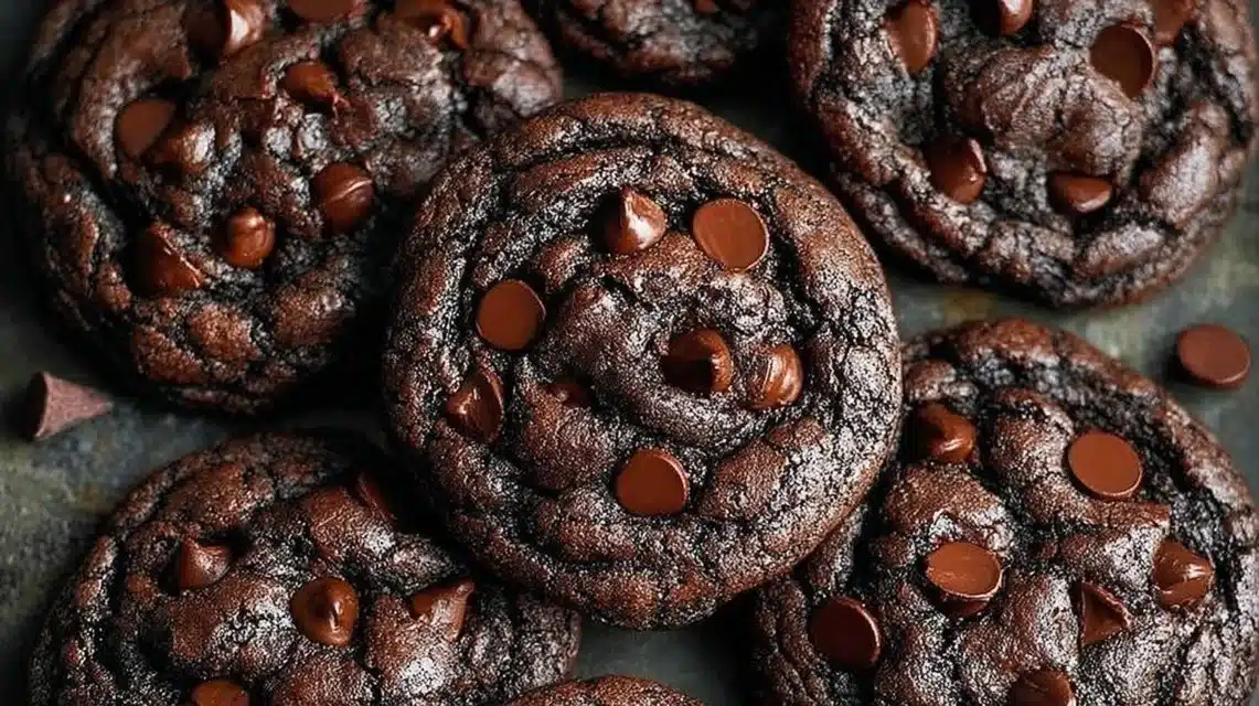 Delicious double chocolate chip cookies fresh out of the oven