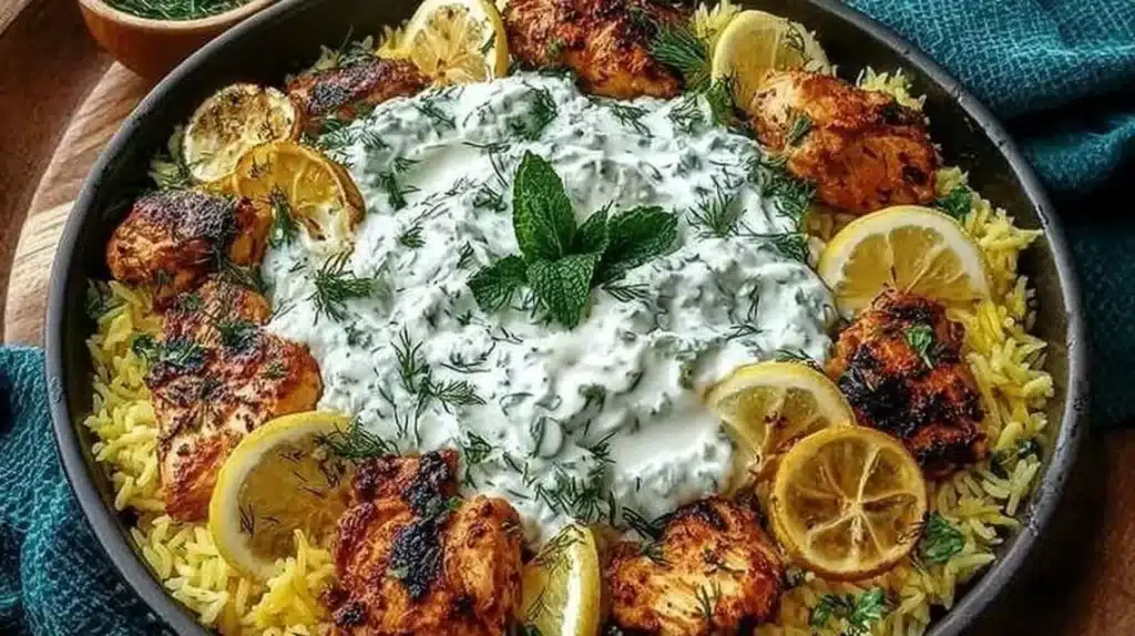 Delicious Dump and Bake Chicken Tzatziki Rice served in a bowl