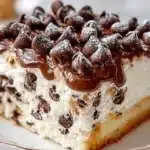 Delicious no-bake cannoli cake with creamy filling and chocolate chips