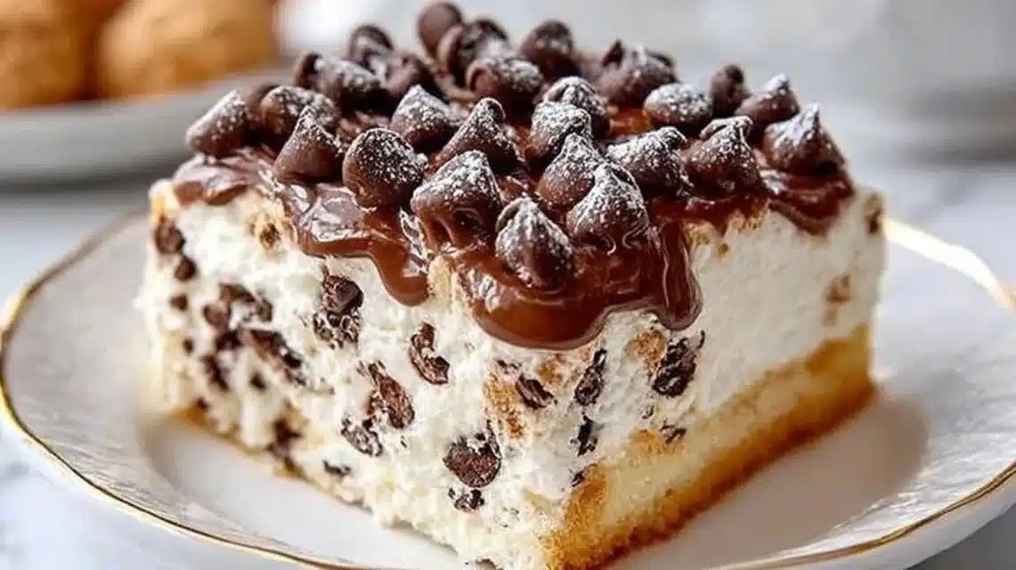 Delicious no-bake cannoli cake with creamy filling and chocolate chips