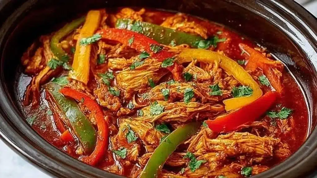 A delicious serving of easy crockpot chicken fajitas with colorful peppers and onions.