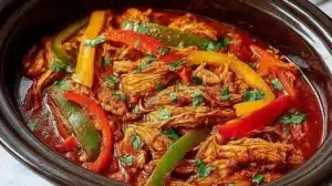 Easy Crockpot Chicken Fajitas (Dump-and-Go Weeknight Dinner!) A delicious serving of easy crockpot chicken fajitas with colorful peppers and onions.